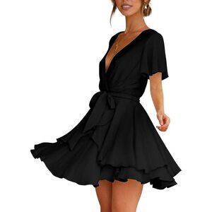 NEW Casual Dress Double Layer Ruffle Deep V Neck L